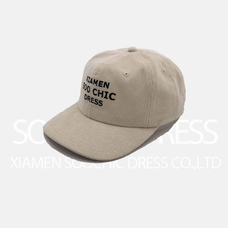 Beige 6 Panel Baseball Hat Custom Flat Embroidered Corduroy Dad Hats