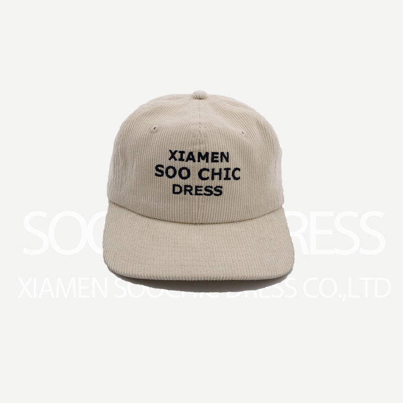 Beige 6 Panel Baseball Hat Custom Flat Embroidered Corduroy Dad Hats