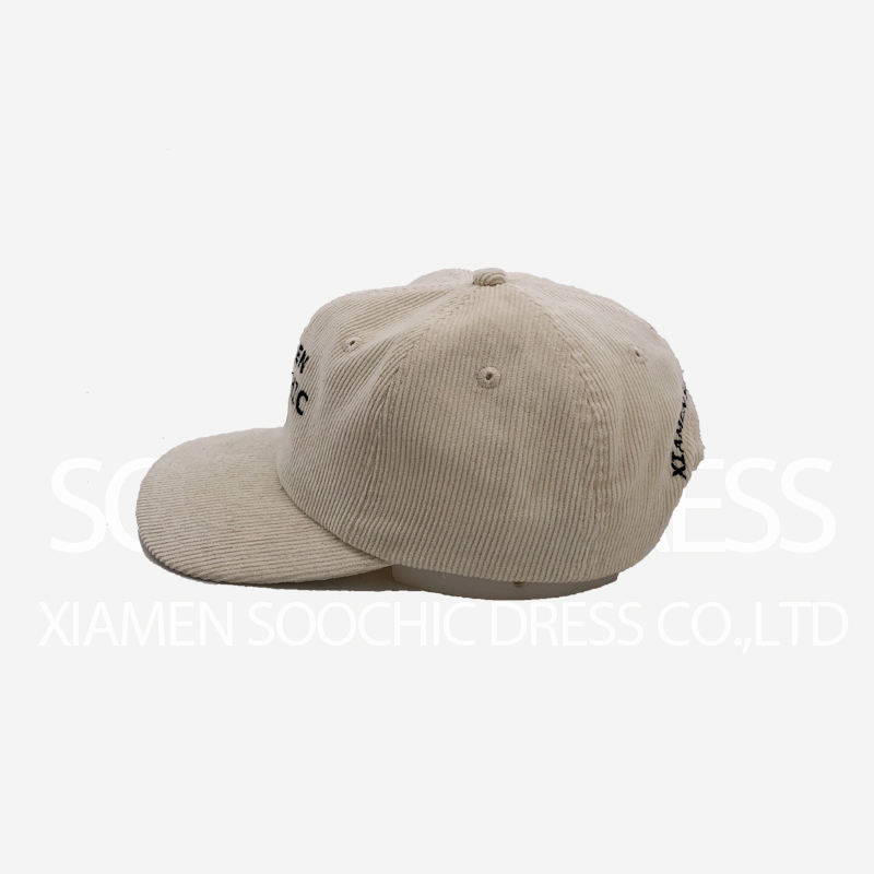 Beige 6 Panel Baseball Hat Custom Flat Embroidered Corduroy Dad Hats