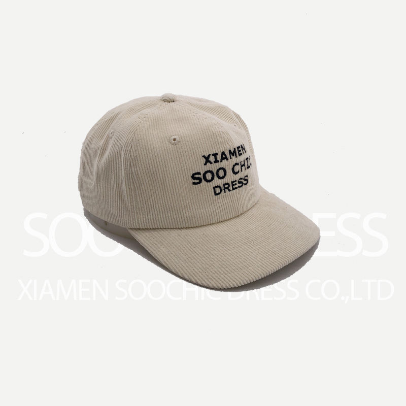 Beige 6 Panel Baseball Hat Custom Flat Embroidered Corduroy Dad Hats