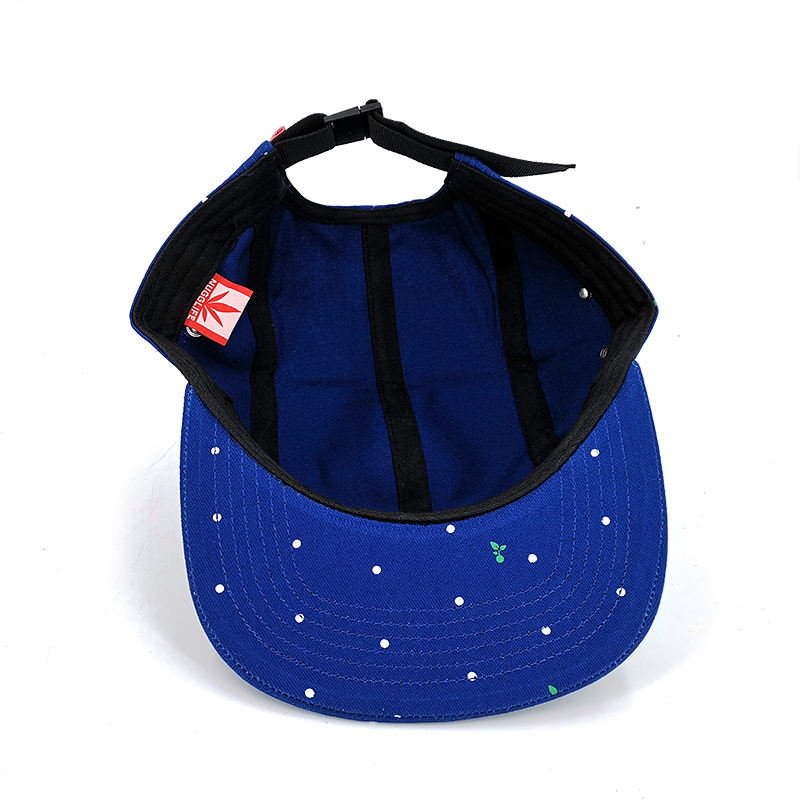 Unstructured Blue Cotton Snapback Full Printing Flat Brim Hat 5 Panel Snapback Cap With Rubber Patch