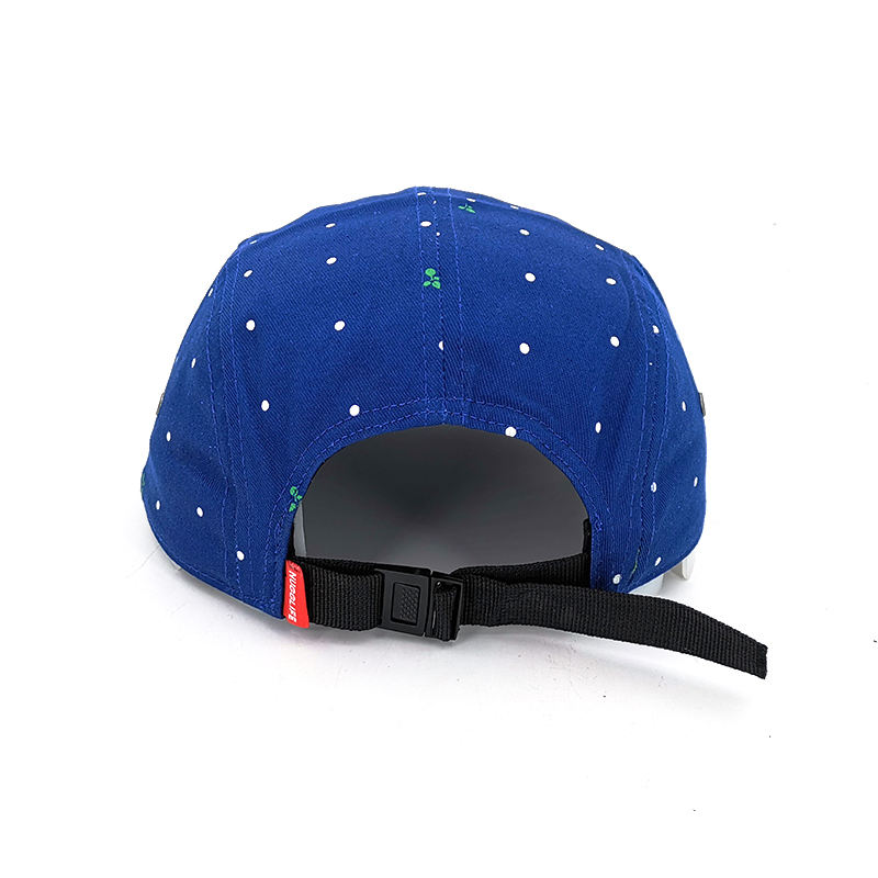 Unstructured Blue Cotton Snapback Full Printing Flat Brim Hat 5 Panel Snapback Cap With Rubber Patch