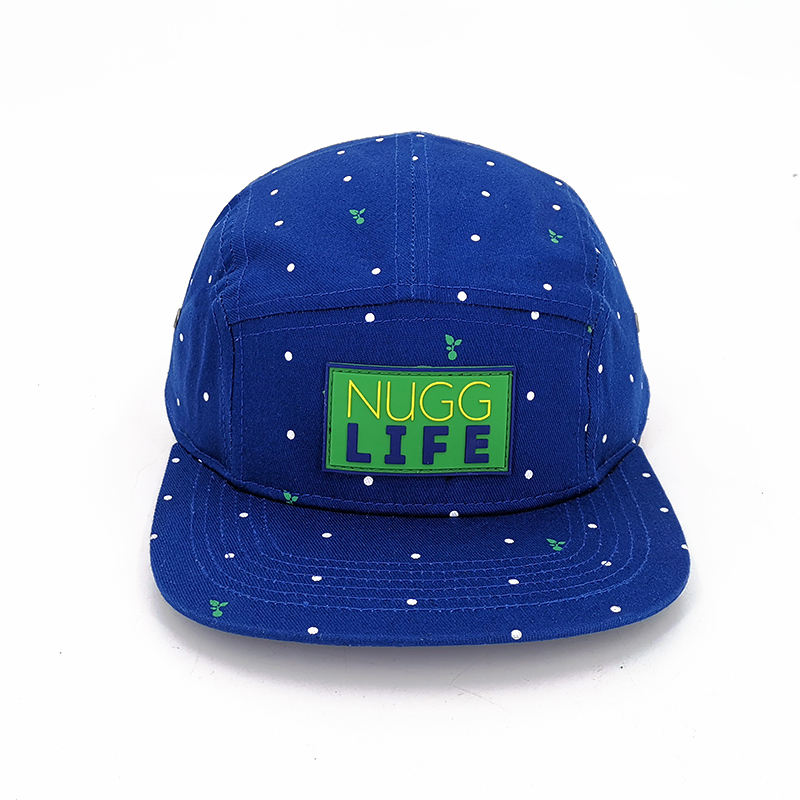Unstructured Blue Cotton Snapback Full Printing Flat Brim Hat 5 Panel Snapback Cap With Rubber Patch