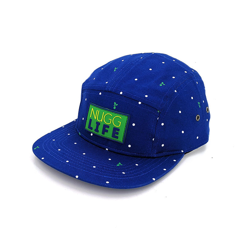 Unstructured Blue Cotton Snapback Full Printing Flat Brim Hat 5 Panel Snapback Cap With Rubber Patch