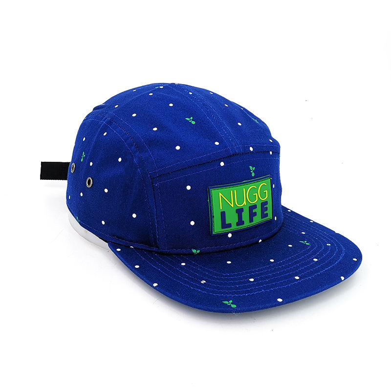 Unstructured Blue Cotton Snapback Full Printing Flat Brim Hat 5 Panel Snapback Cap With Rubber Patch