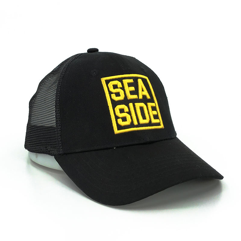 Black Men's Trucker Hat Custom 3D Embroidery Mesh Hats 100% Cotton 6 Panel Baseball Cap