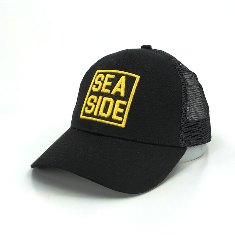 Black Men's Trucker Hat Custom 3D Embroidery Mesh Hats 100% Cotton 6 Panel Baseball Cap