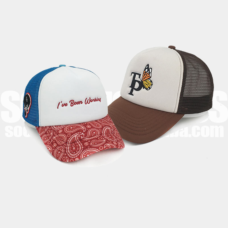 Two Tone 5 Panel Vintage Foam Trucker Hat With Print Brim Custom Quality Embroidery LOGO