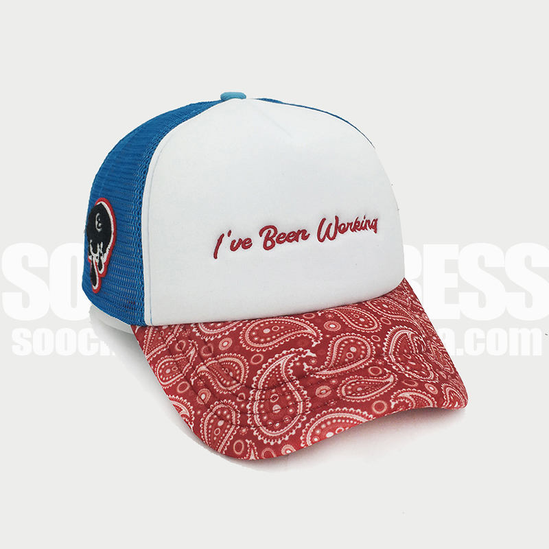 Two Tone 5 Panel Vintage Foam Trucker Hat With Print Brim Custom Quality Embroidery LOGO