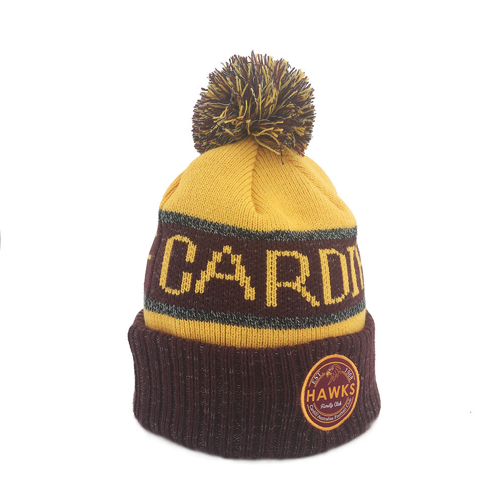 Custom Embroidered Jacquard Knitted Beanie Hat With Pom Pom, Bobble Hat